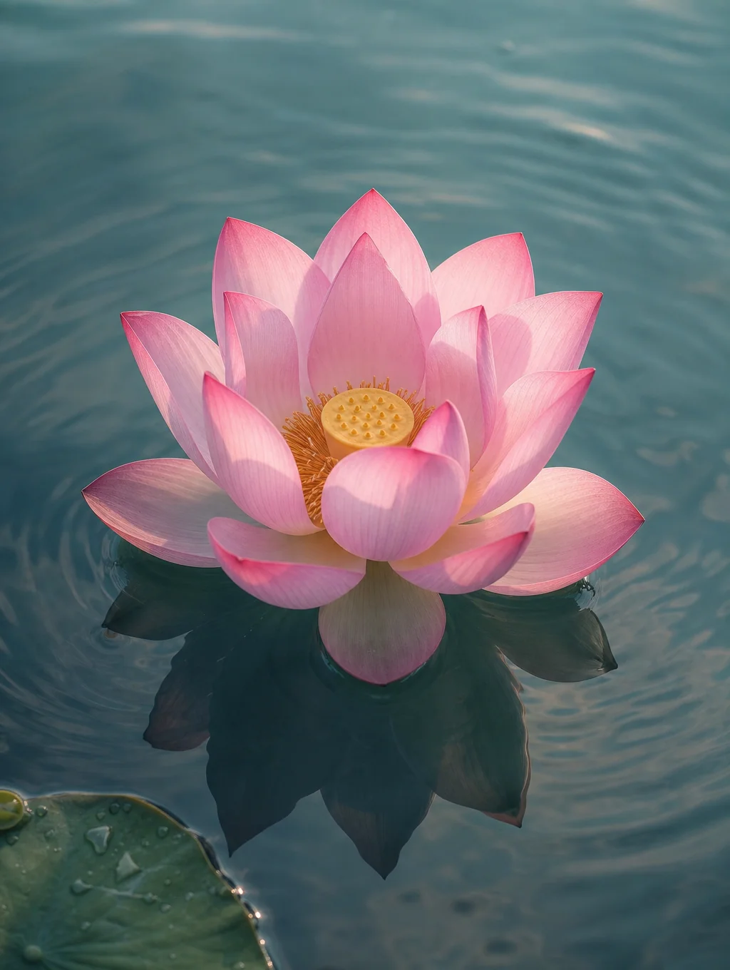 Minimalist ink and watercolor representation of a serene white lotus on dark water