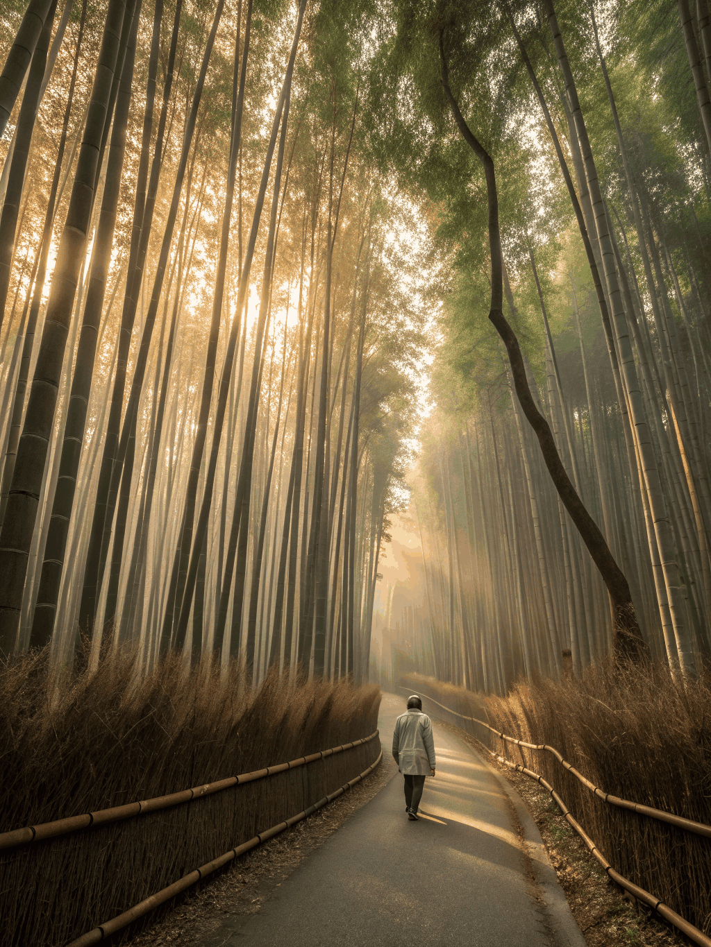 Traditional Chinese ink wash painting depicting misty bamboo grove in soft morning light