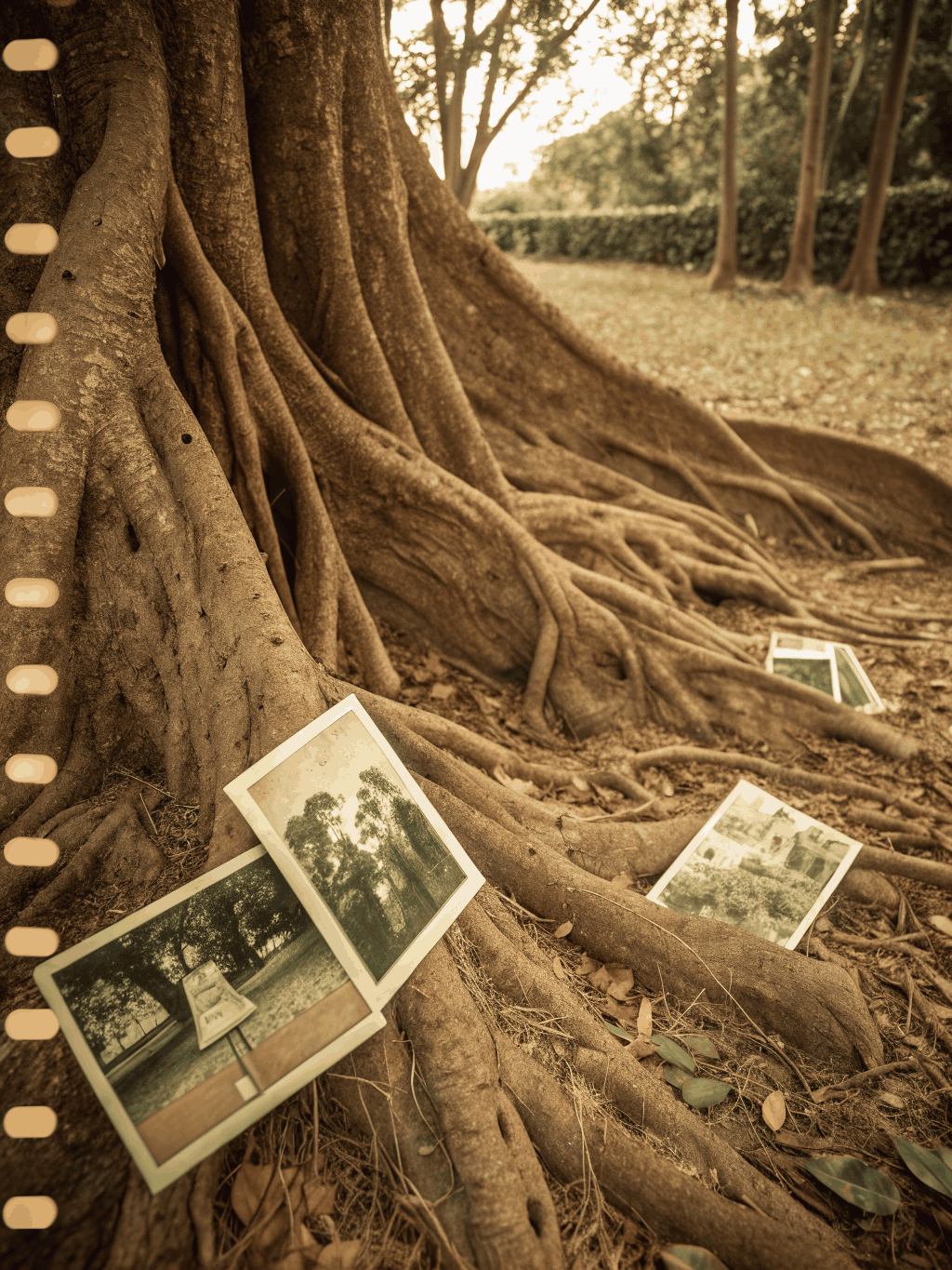 Serene Eastern artwork of ancient tree roots interwoven with subtle antique gold accents