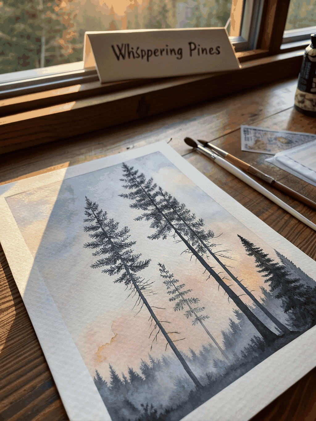 Ethereal ink wash painting with subtle golden highlights depicting morning mist