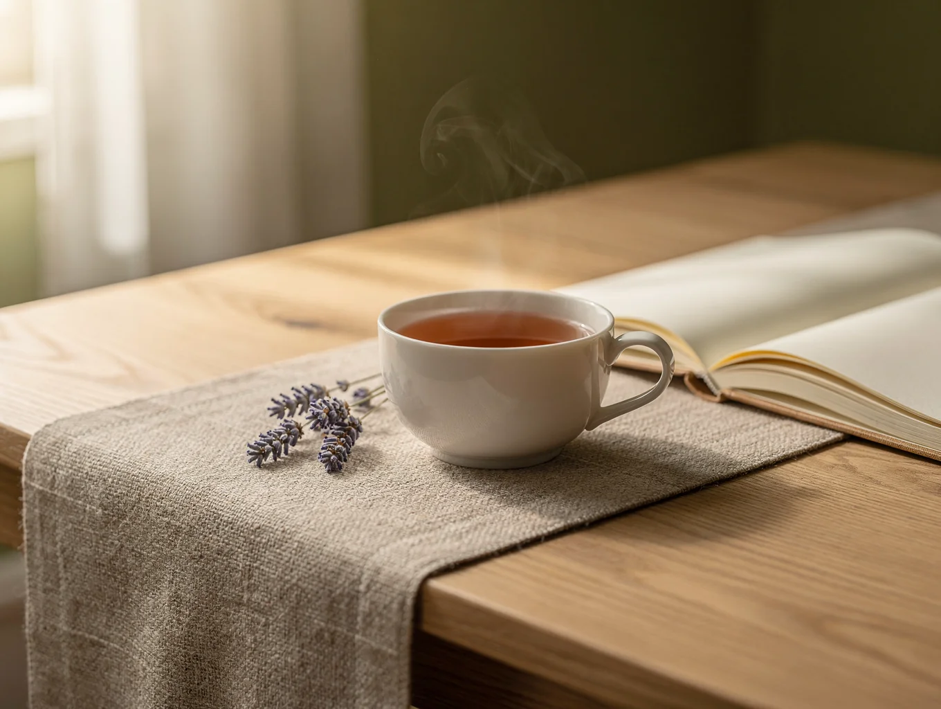 Warm tea ceremony and mindful consultation corner with natural light