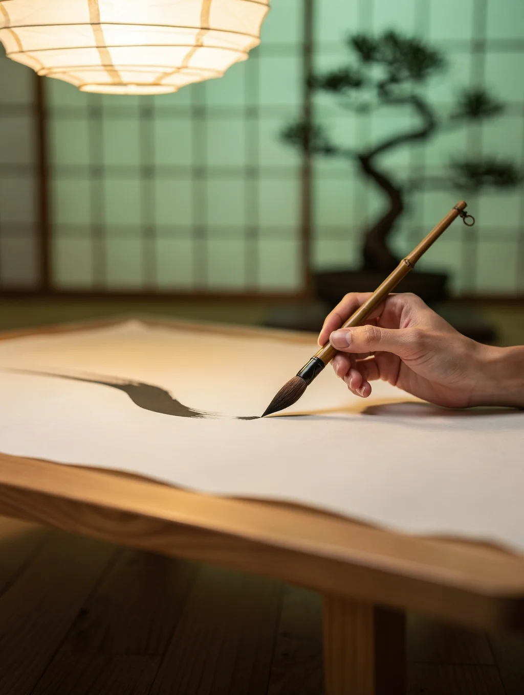 Quiet Eastern ink painting studio with traditional brushes, mineral pigments, and rice paper