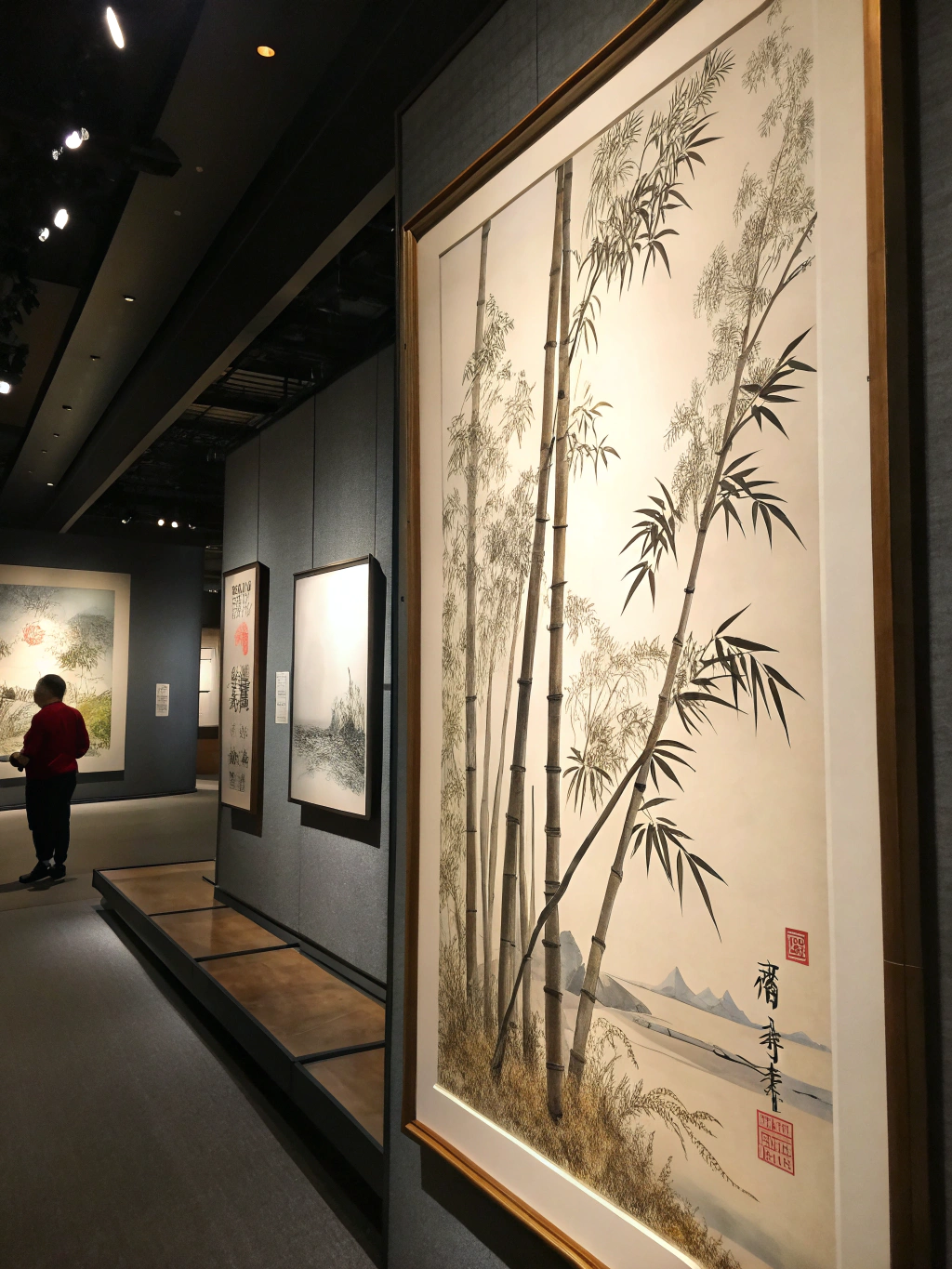 Monochromatic ink painting of bamboo stalks with soft tonal depth