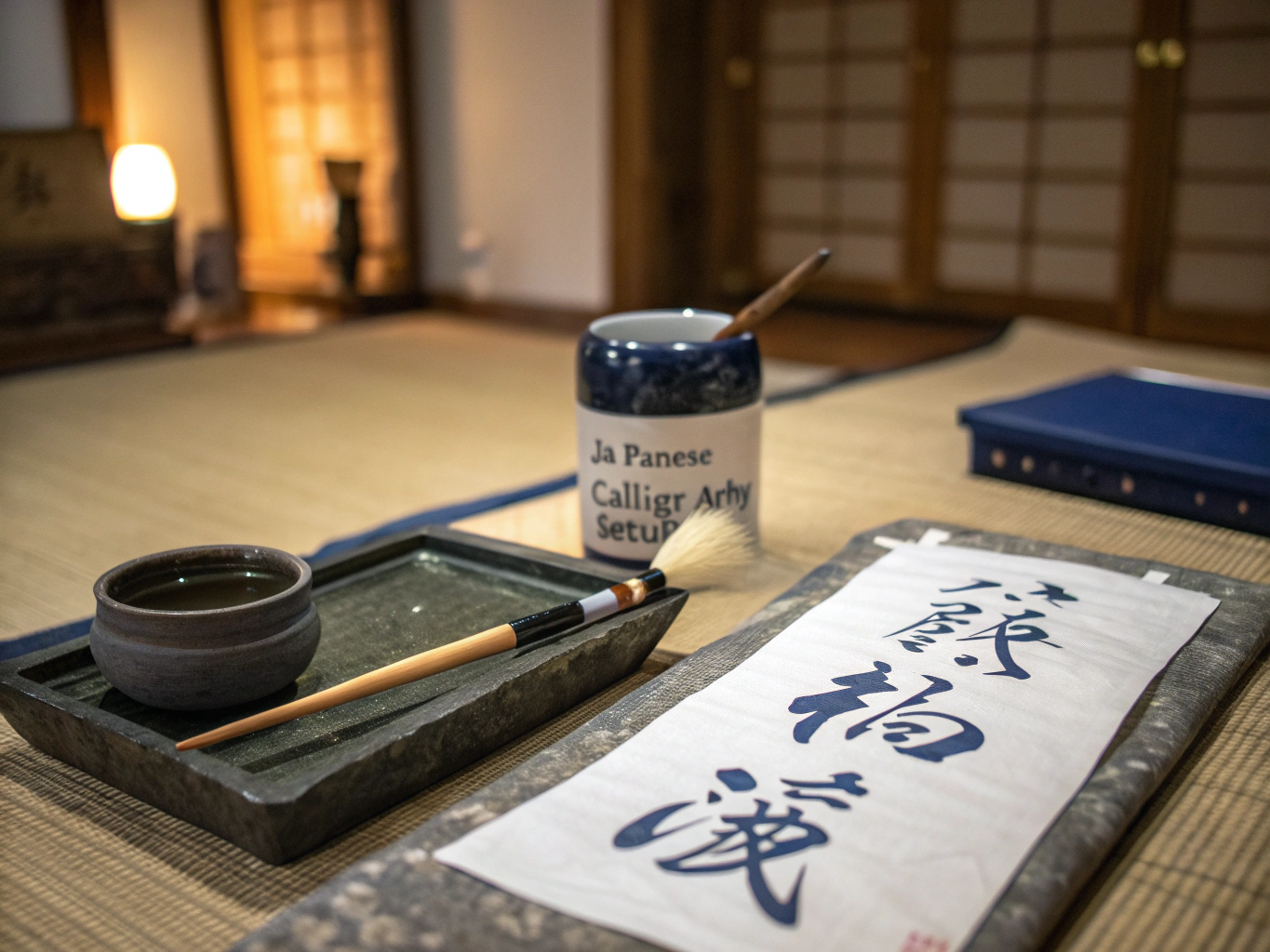 Traditional inkstone, ink stick, and soft Xuan paper resting on wooden table