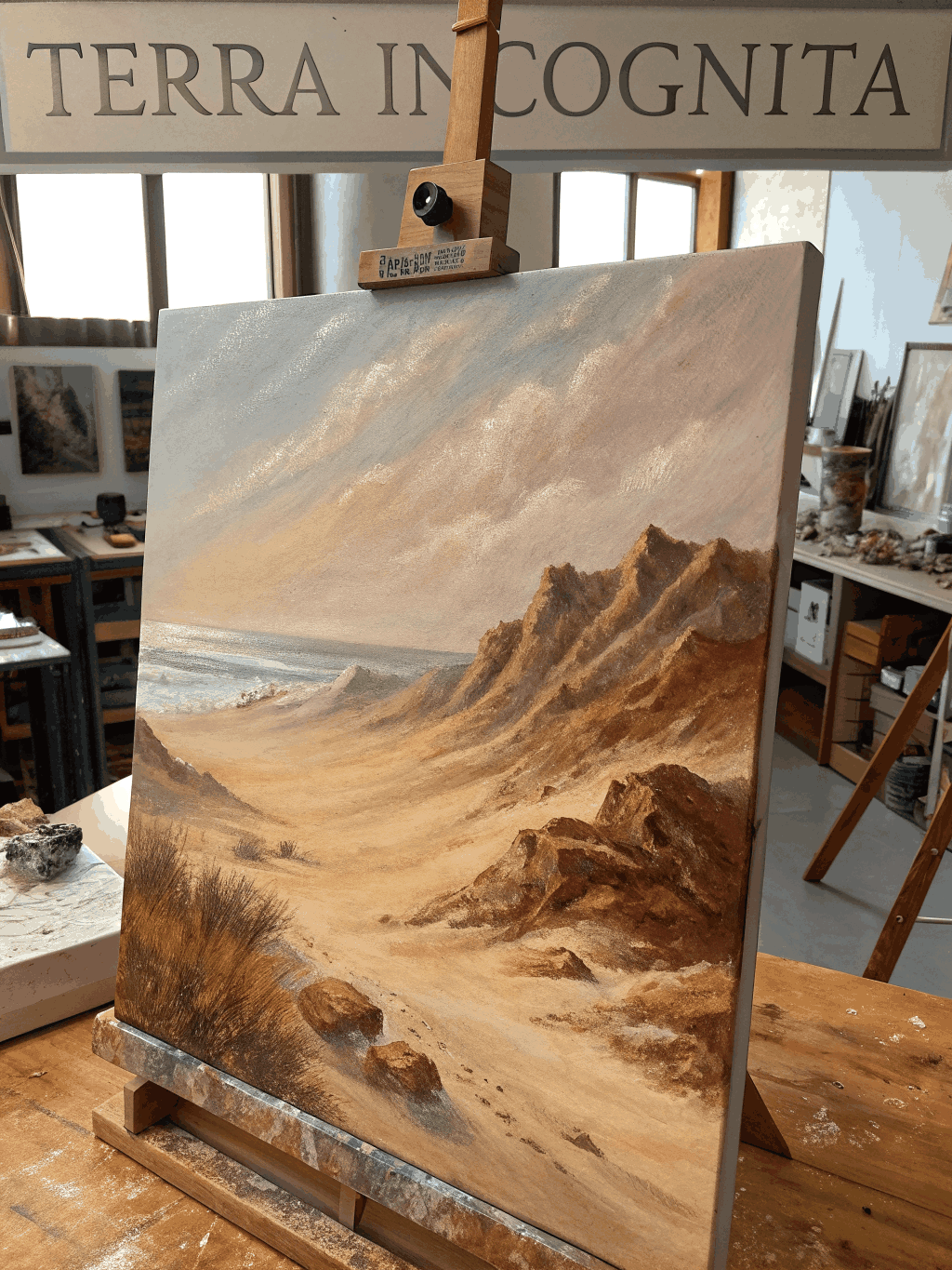 Abstract landscape painting in warm tea tones and soft ink gradients