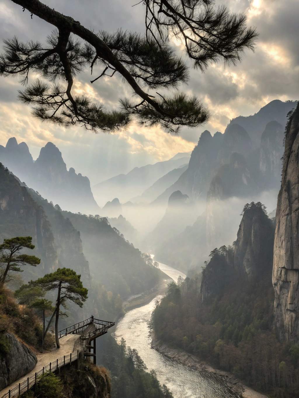 Traditional Chinese ink wash painting of serene mountains and misty waters