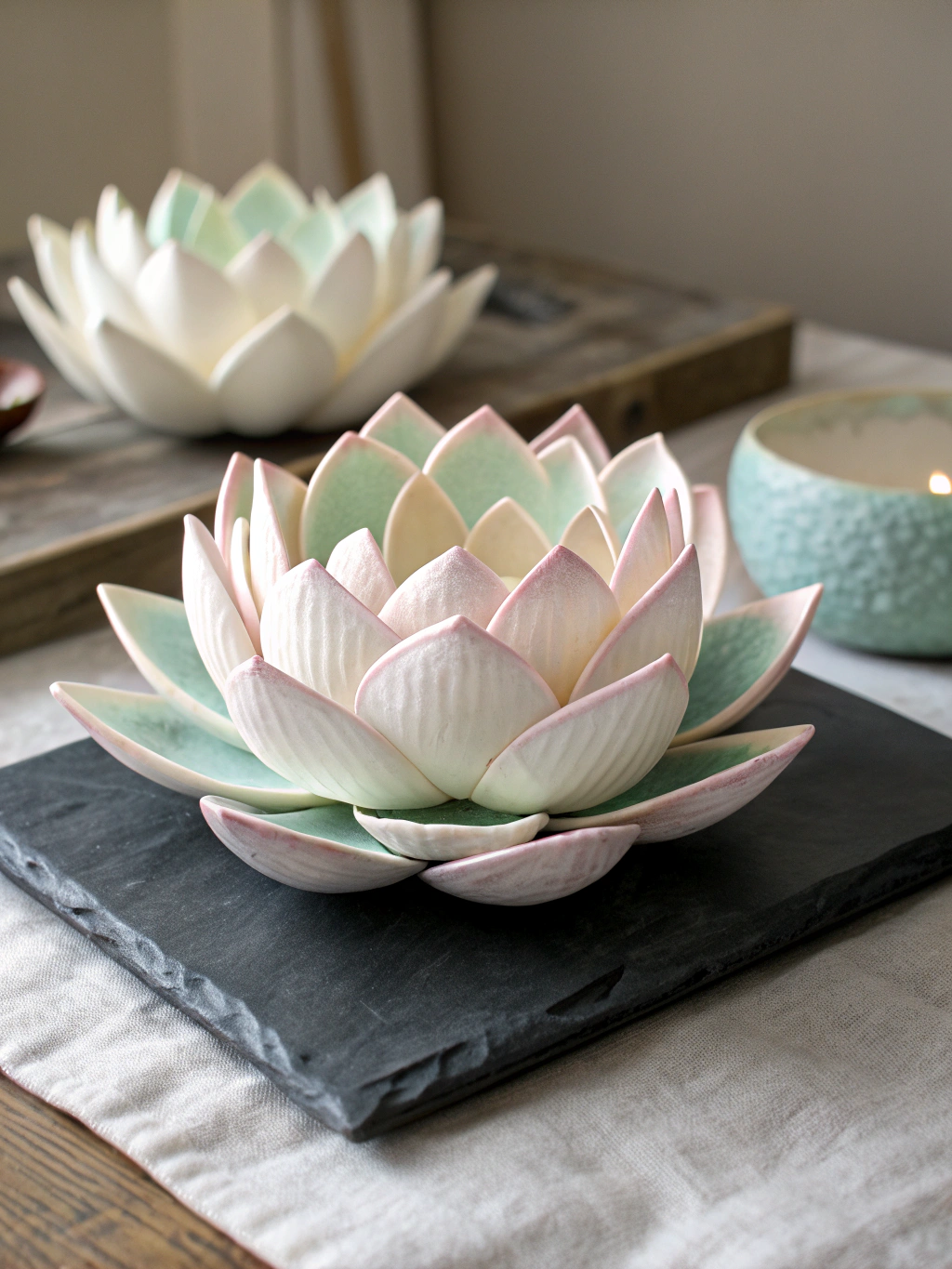 Delicate Eastern brush painting of a lotus blossom opening in soft celadon tones