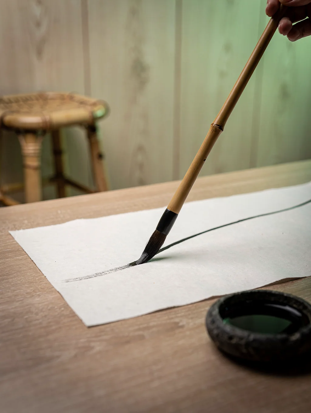 WenRou in her meditative art sanctuary preparing mineral ink and brushes
